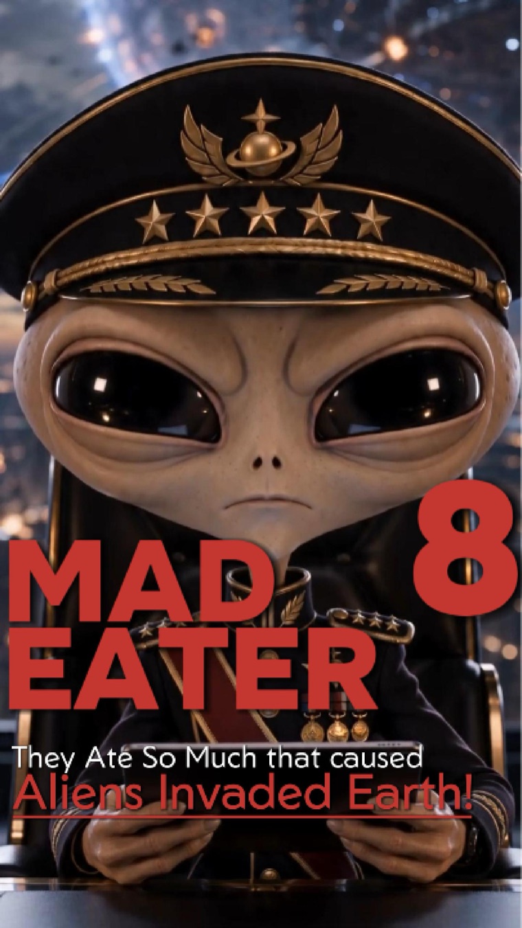 Episode 8 cover: a small uniformed figure in a peaked cap reading from a tablet, explosions and aircraft filling the sky behind.